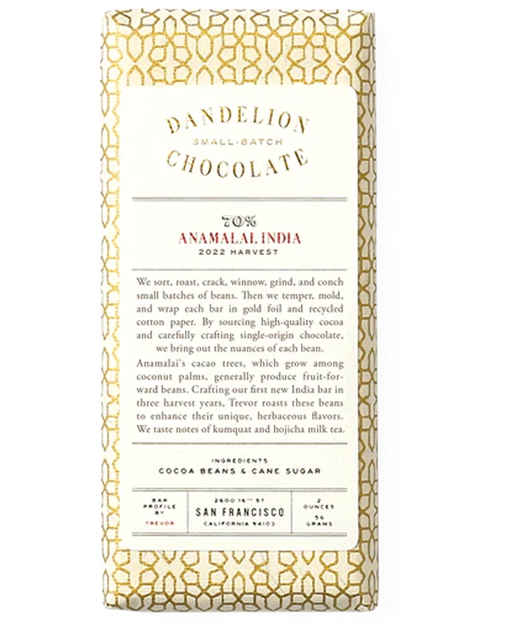 Dandelion Small Batch Chocolate 70% Single-Origin Bar ANAMALAI INDIA