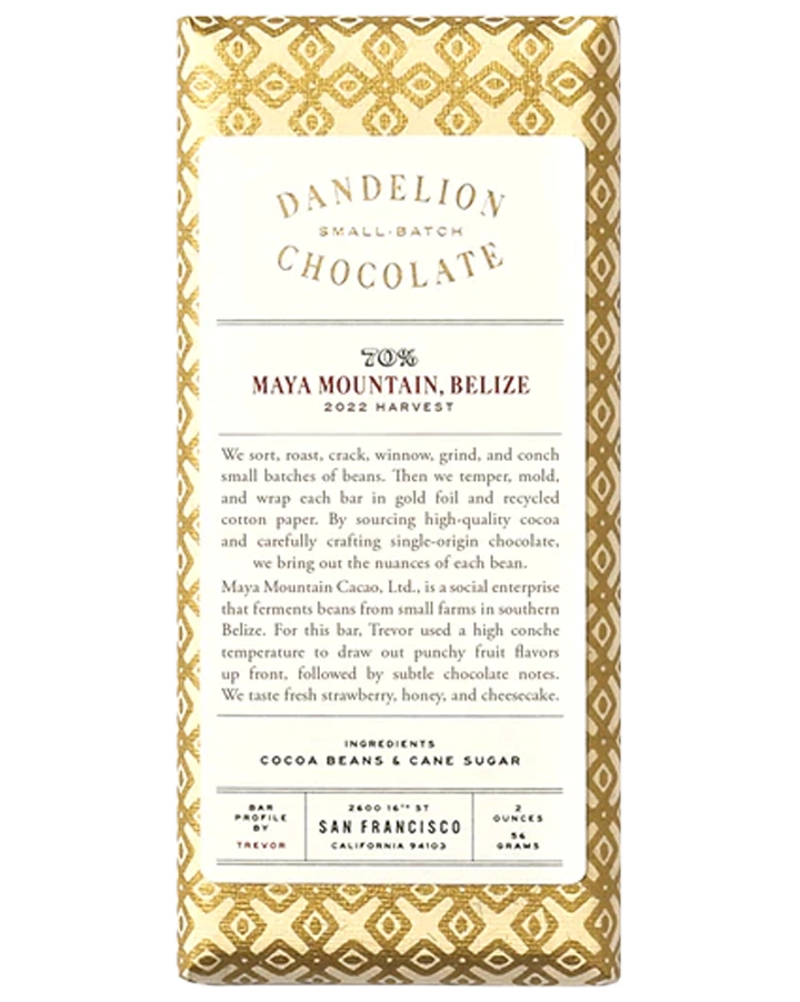 Dandelion Small Batch Chocolate 70% Single-Origin Bar MAYA MOUNTAIN BELIZE