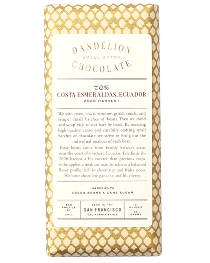 Dandelion Small Batch Chocolate 70% Single-Origin Bar COSTA ESMERALDAS ECUADOR
