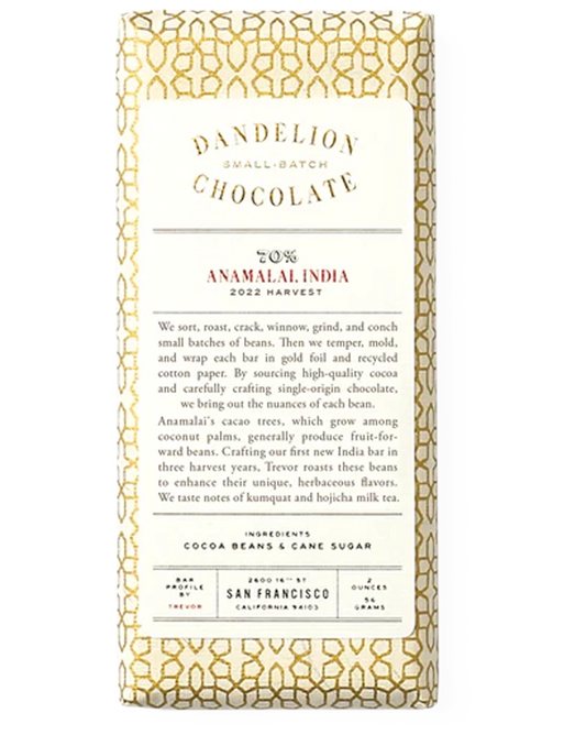 Dandelion Small Batch Chocolate  70%  Single-Origin Bar ANAMALAI INDIA