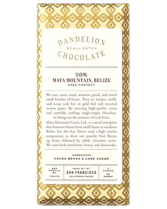 Dandelion Small Batch Chocolate  70% Single-Origin Bar MAYA MOUNTAIN BELIZE